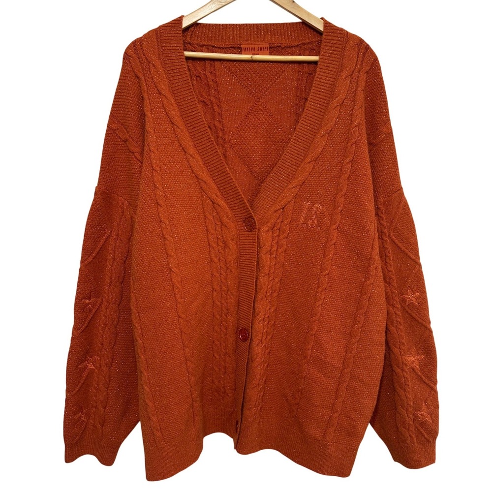 Taylor Swift Life of a Showgirl Cardigan 3XL/4XL Orange Cable Knit Stars Swiftie